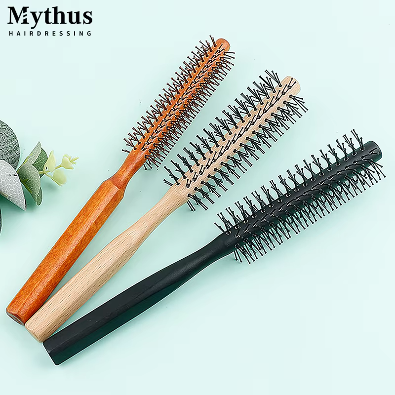 Manche en bois dents en Nylon brosse circulaire peigne à rouleau bouclé racine de cheveux moelleux