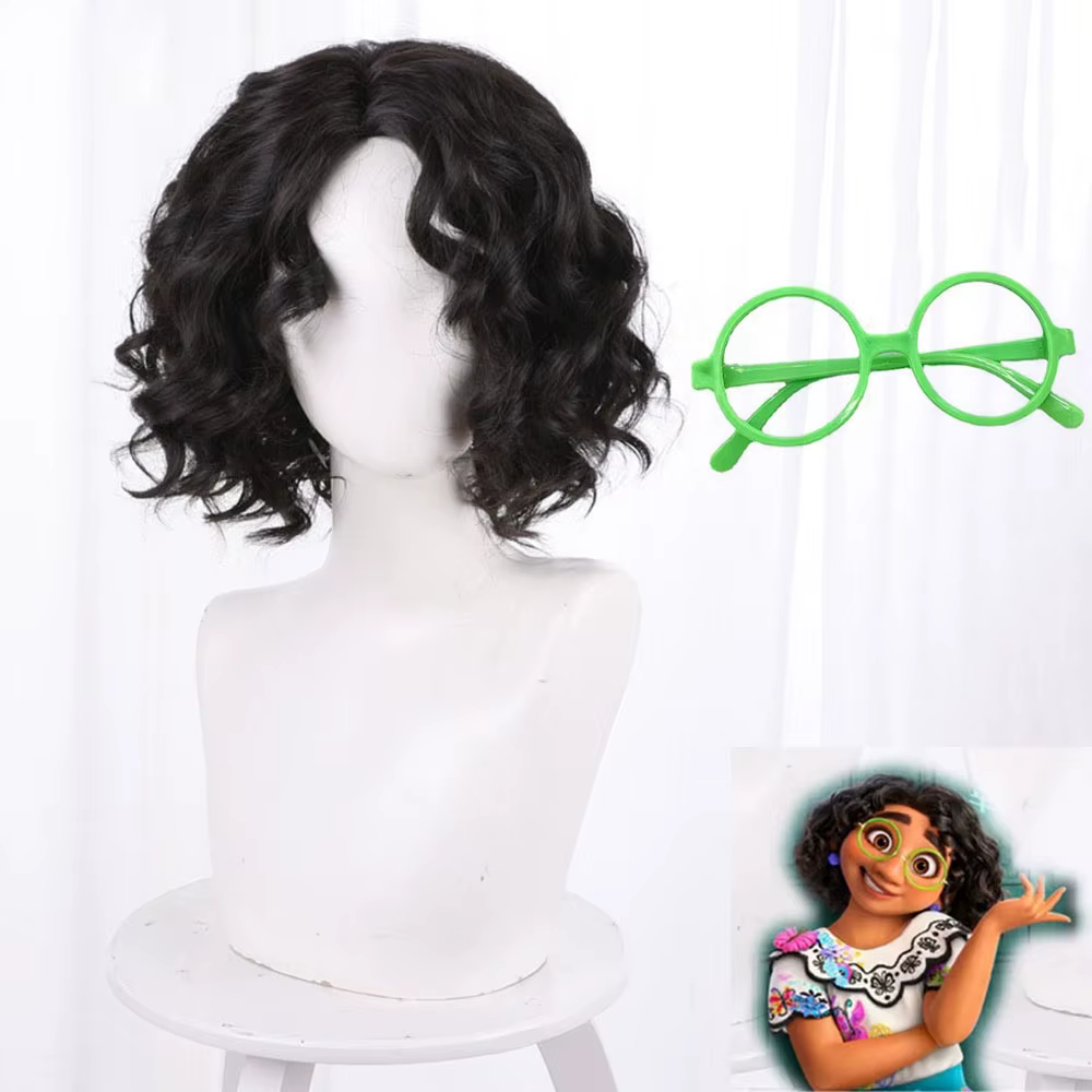 Perruque Courte Ondulée avec Lunettes pour Enfant