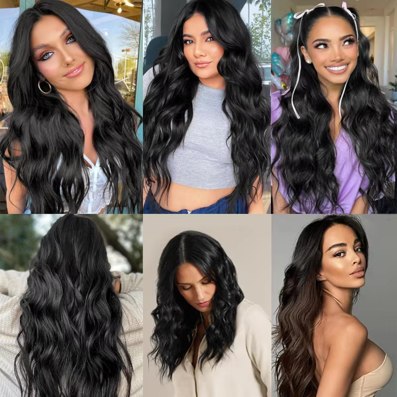 Extensions capillaires synthétiques noires épaisses à clips
