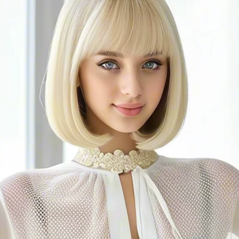 Perruque synthétique à frange blonde pour femmes