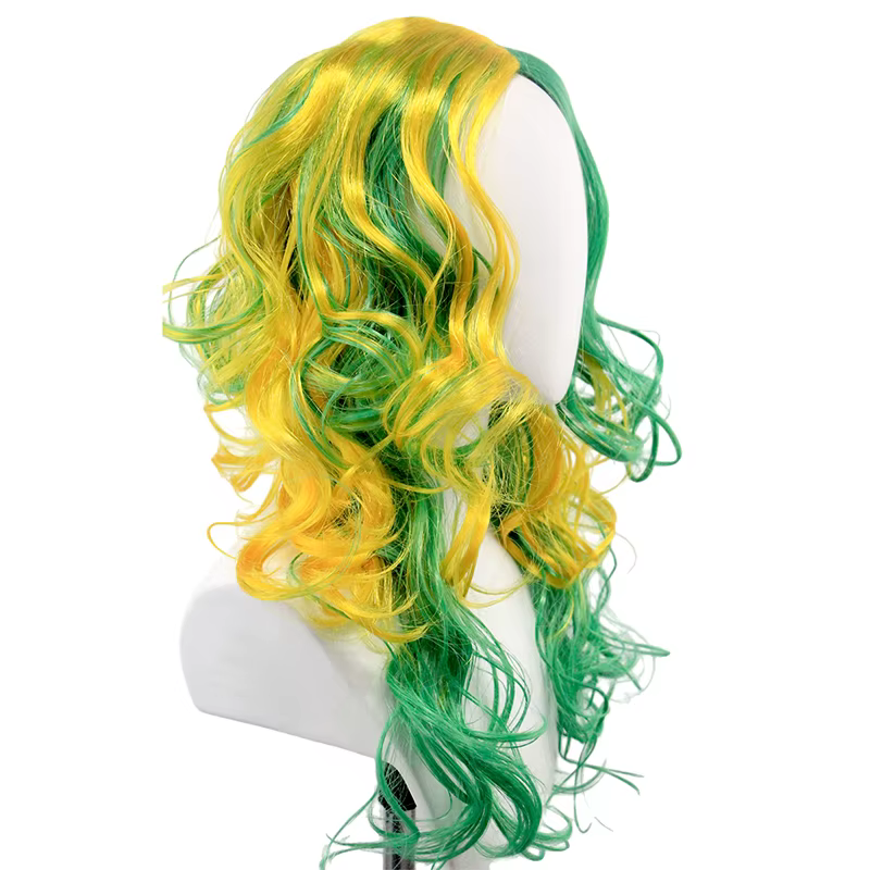 Perruque synthétique longue ondulée ombrée vert-jaune