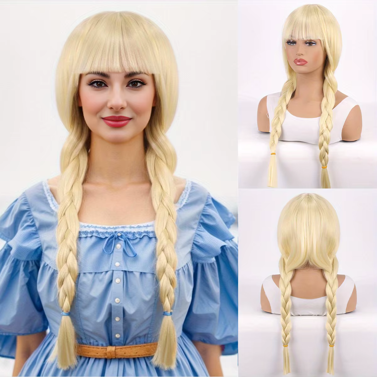 Perruque blonde longue à double tresses avec frange