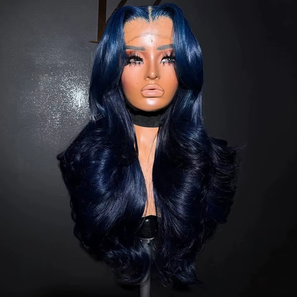 Perruque Lace Frontal Wig synthétique bleu foncé 13x4 HD