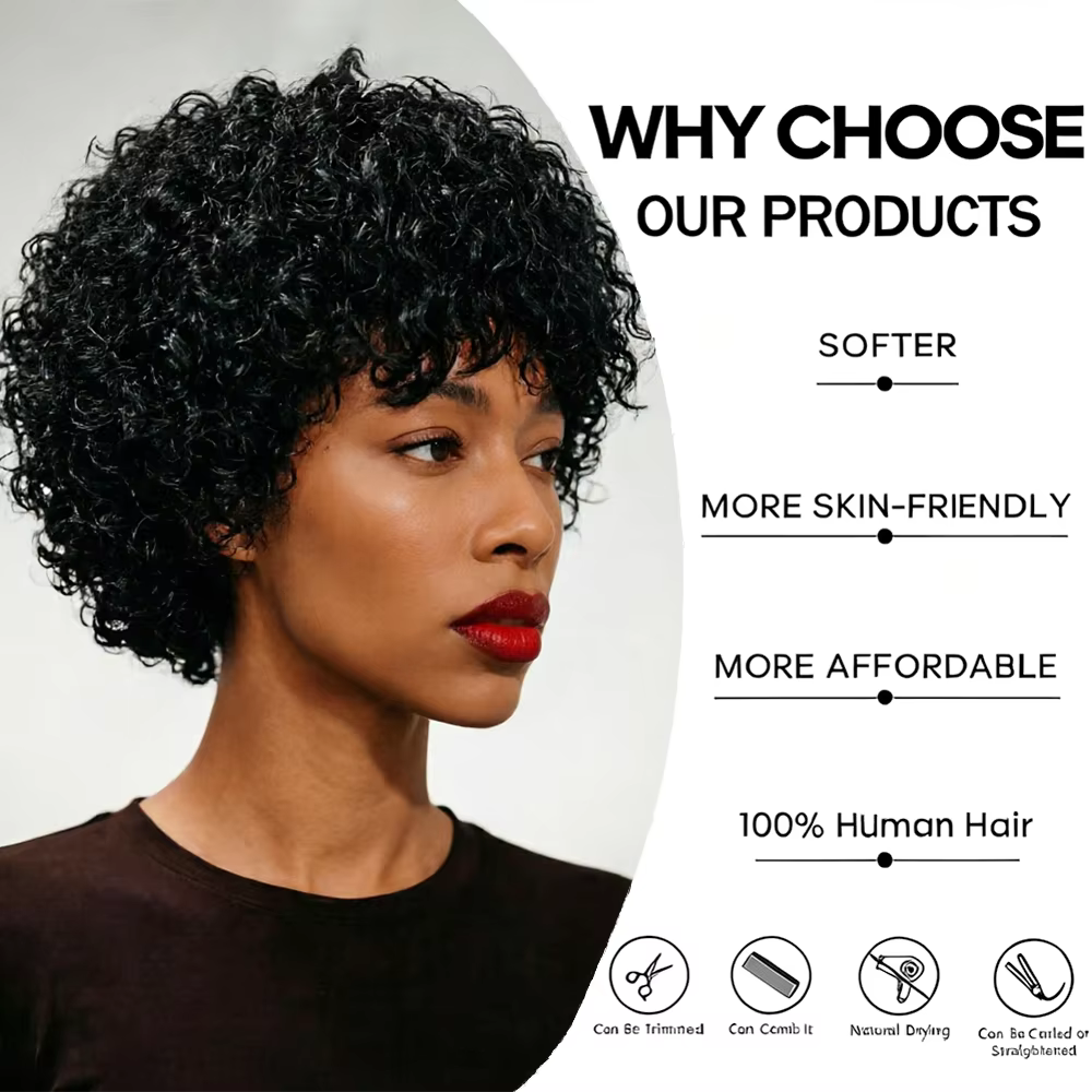 Perruque en cheveux humains noirs bouclés crépus avec frange, densité 180%, fabriquée à la machine, bonnet respirant, aspect naturel pour femmes, usage quotidien décontracté