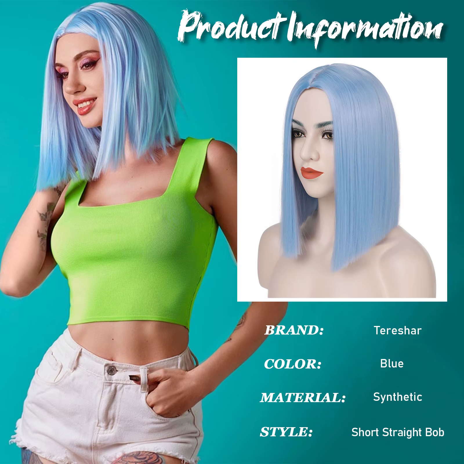 Perruque Bob synthétique courte bleu clair