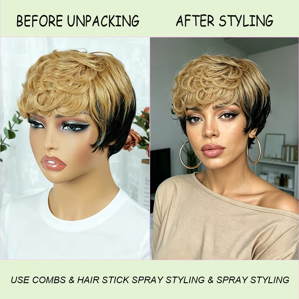 Afro crépus bouclés Bob perruque cheveux humains noir Champagne couleur