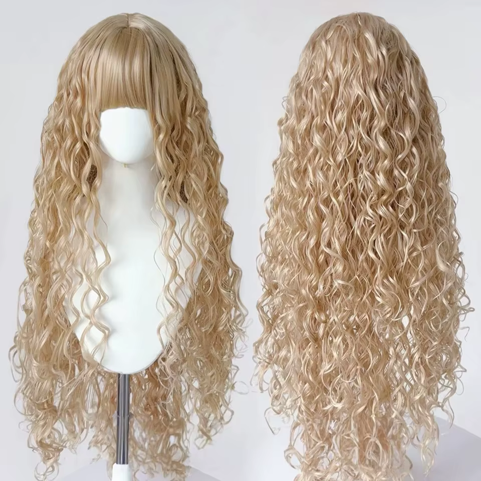 Perruque longue bouclée blonde avec frange
