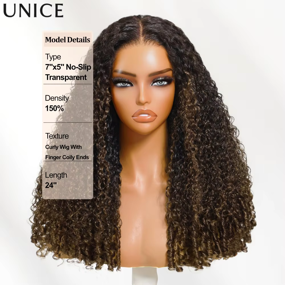 UNice cheveux châtain brun ombré crépus bouclés demi perruques avec bords 4C et cordon invisible 100%