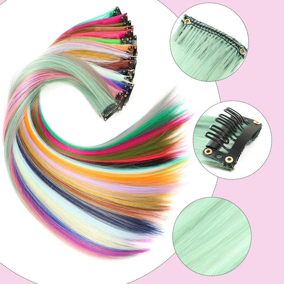 Extensions de cheveux colorées synthétiques 22 pouces lisses orange vert à clipser