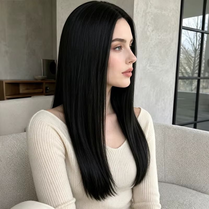 Perruque synthétique noire pure de 28 pouces avec une raie naturelle au milieu