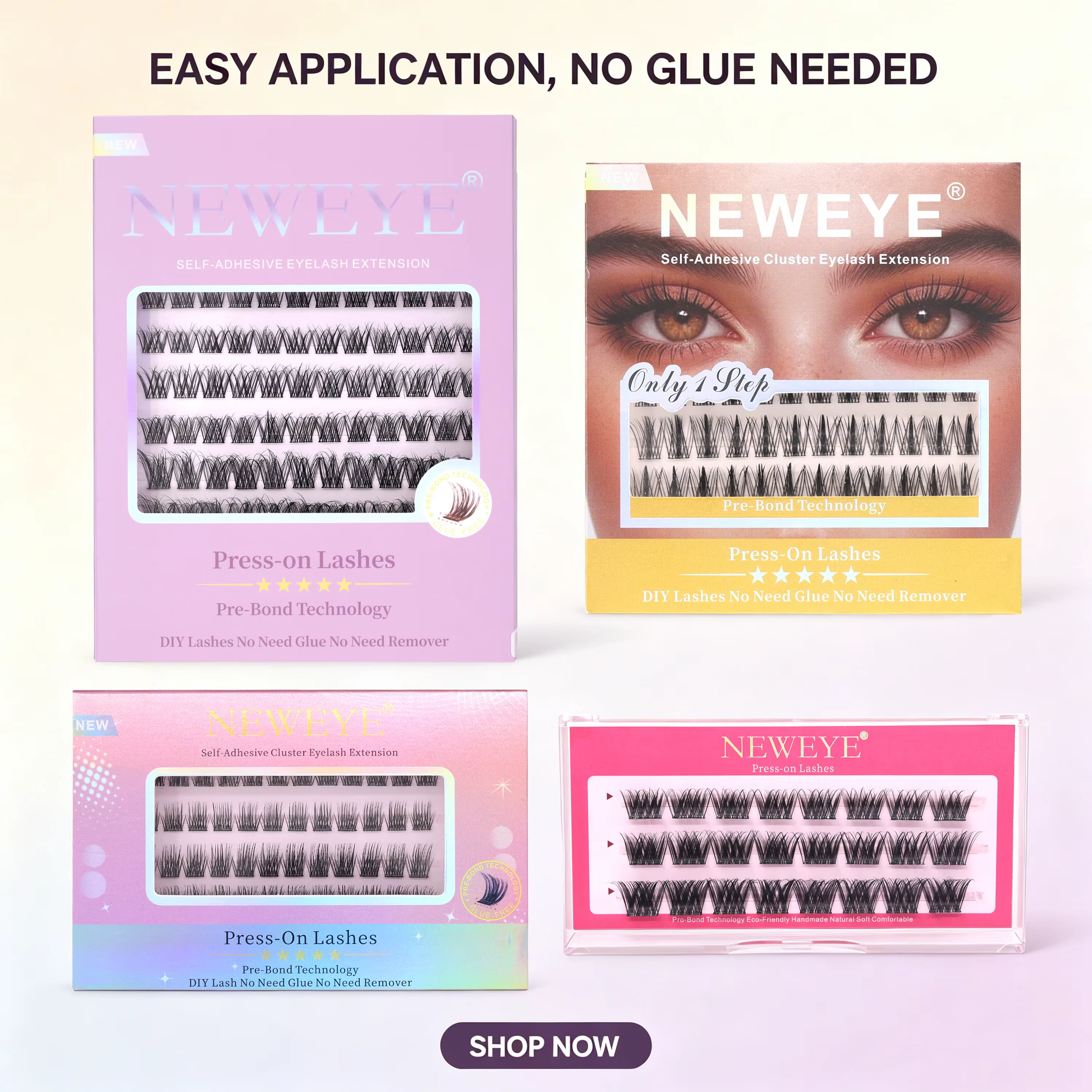 Série NE NE05 Nouvel Emballage 6 Rangées 100% Fait Main Effet 3D Moelleux Sans Colle Requise Extensions de Cils 10-14mm Noir Facile à Retirer Réutilisable