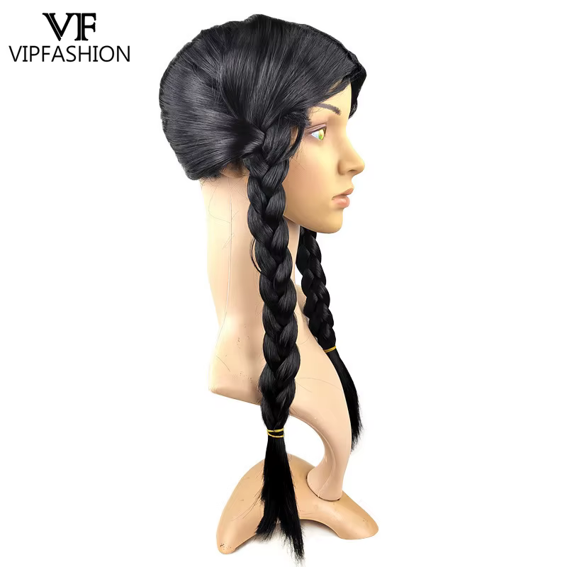 VIP FASHION Girl Halloween Wed. Adddams Cosplay perruque noir Double tresses cheveux partie centrale frange perruques