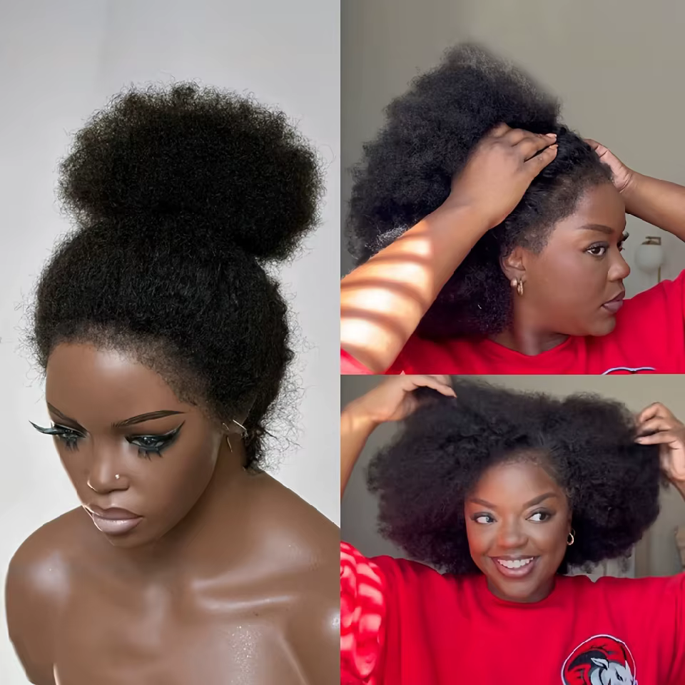 250% densité sans colle Afro bouclés perruques cheveux humains court crépus