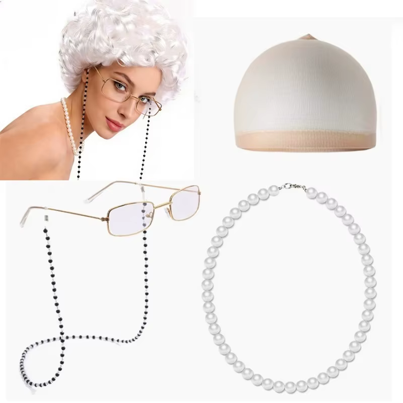 Ensemble de perruques pour déguisement de vieille dame : 5 pièces synthétiques pour cosplay de grand-mère (cheveux