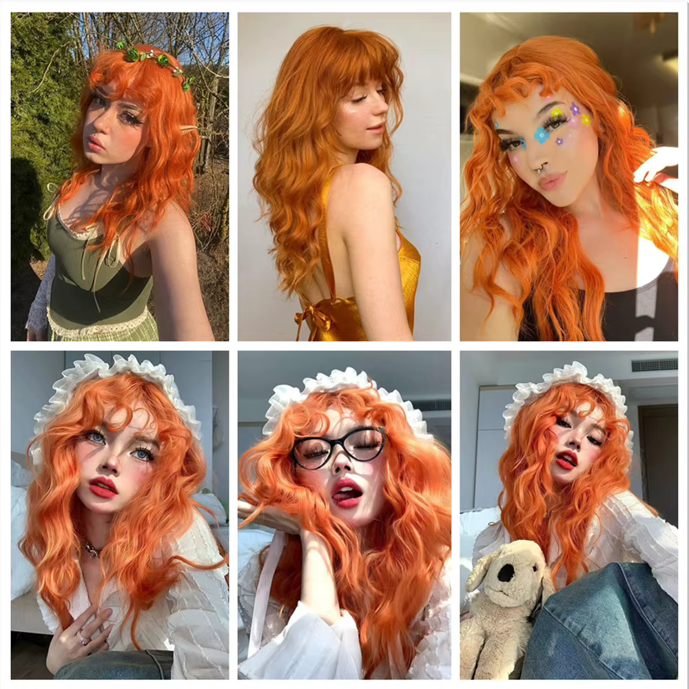 HENRY MARGU perruque synthétique rouge gingembre cuivre jaune pour femmes perruques longues ondulées bouclées avec frange Cosplay fête cheveux résistants à la chaleur