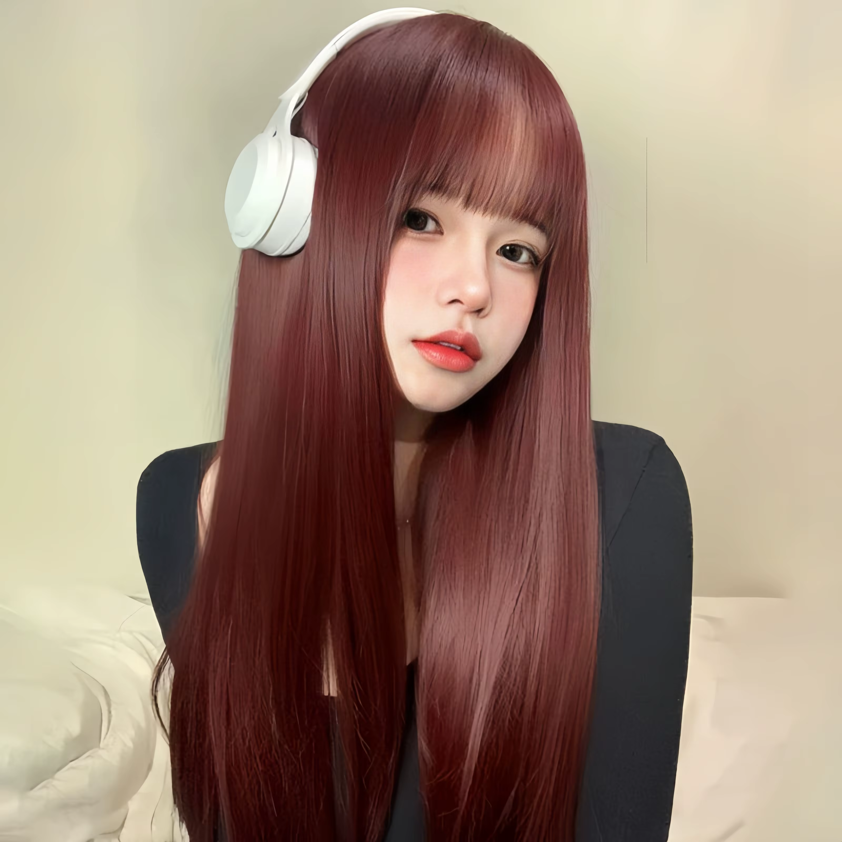 Perruque femme vin rouge cheveux longs raides bande dessinée frange tempérament réparation visage fibre synthétique