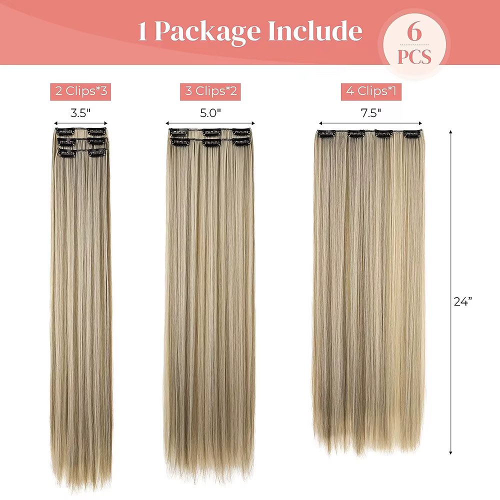 Extensions de cheveux synthétiques noirs 24 "/60cm 140g 6 pièces/ensemble femmes longue ligne droite pleine tête pince 16 Clips Ombre fibre résistante à la chaleur