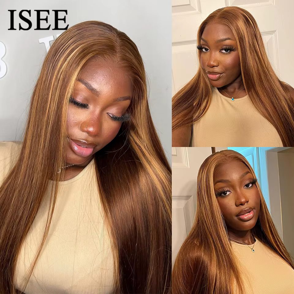 Wear And Go cheveux humains sans colle ISEE perruque brésilienne droite à reflets 6x4 HD dentelle sans
