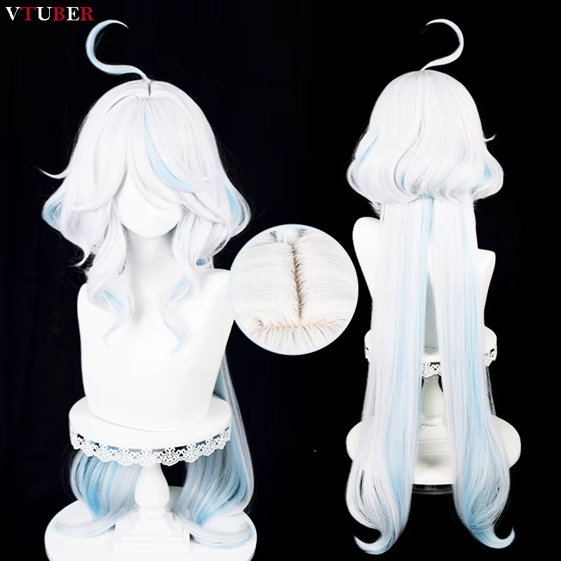 Perruque de cosplay Fontaine Focalors Furina, perruques longues de 100 cm, blanches et bleues, bouclées et ondulées, résistantes à la chaleur, pour cosplay d'anime + bonnet de perruque
