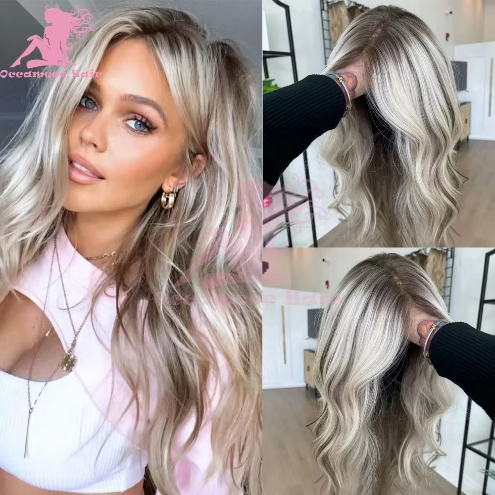 100 vrais cheveux humains blond cendré perruque racines foncées vague de corps mettre en évidence perruques