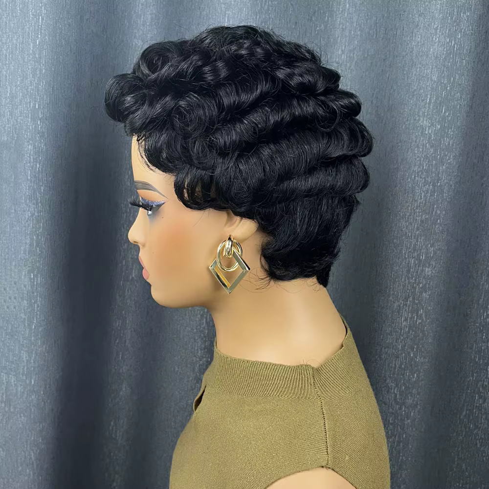 Perruques de cheveux humains courts pour femmes noires bouclés couches coupe lutin perruque Remy