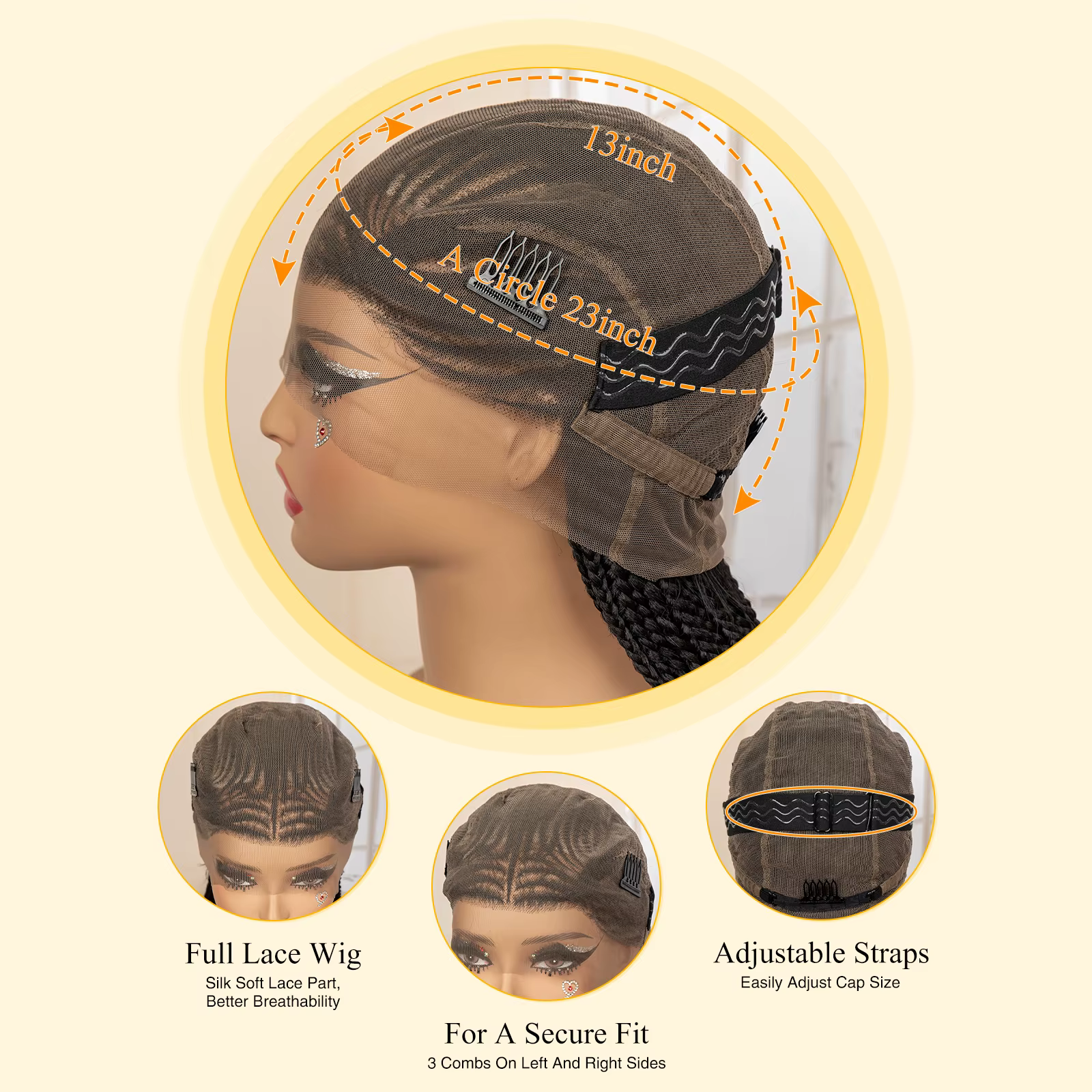 Perruques de cheveux tressés africains synthétiques pleine dentelle Cornrow sans noeuds boîte tressage