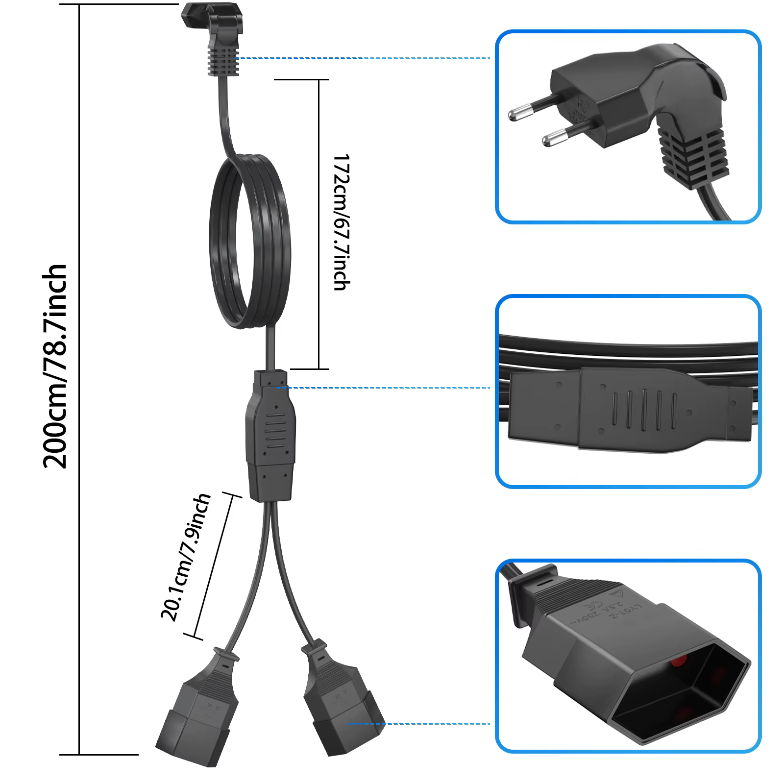 Câble d'extension 2 m à 90 degrés, cordon d'alimentation à prise européenne bidirectionnelle, prise Triple type C 2,5 A/250 V pour TV, PC, ordinateur, moniteur, projecteur