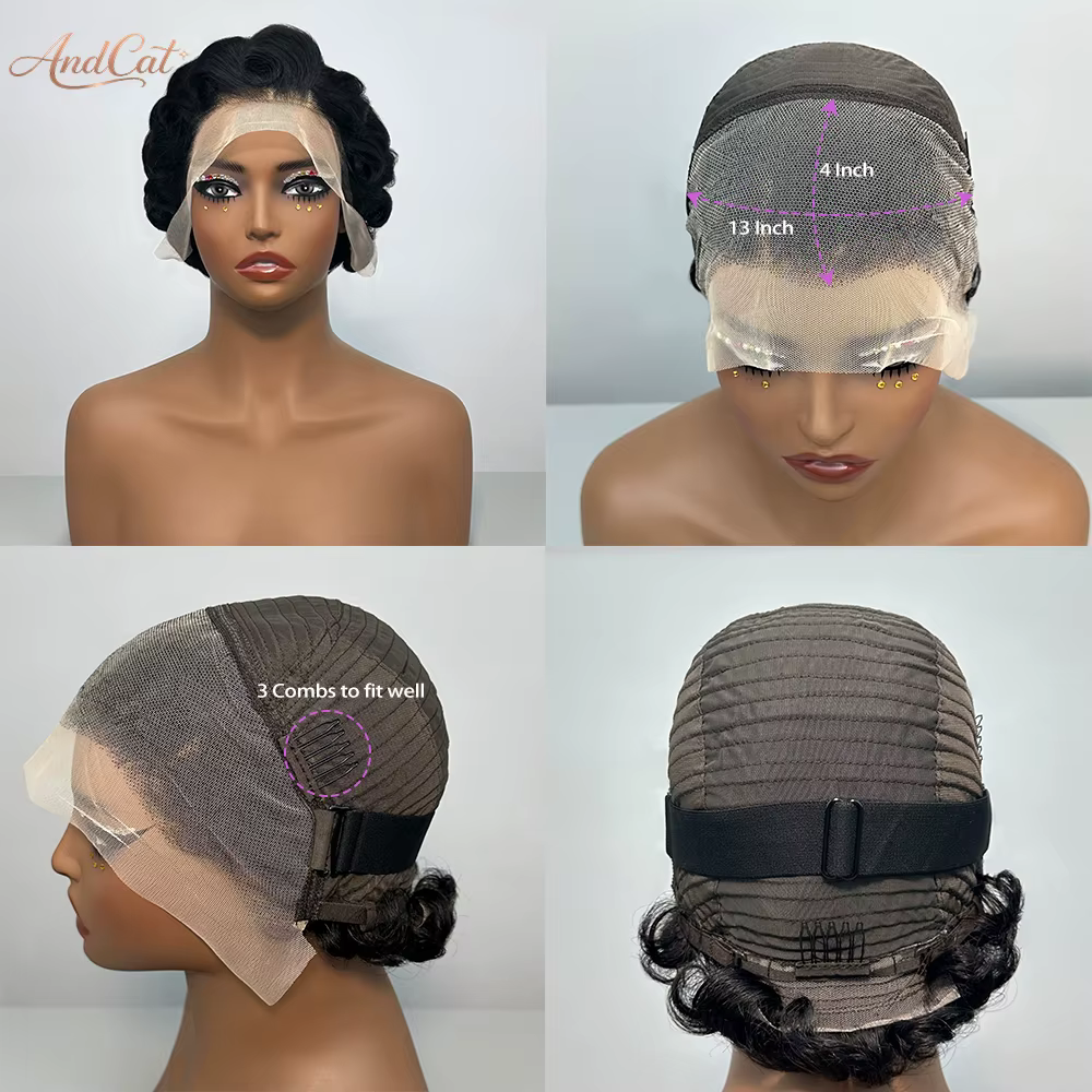 Perruque Courte Bouclée Pixie Cheveux Humains Vierges Brésiliens 100% Naturels Perruques Frontales 13x4 Couleur Noir Naturel Couleurs Variées
