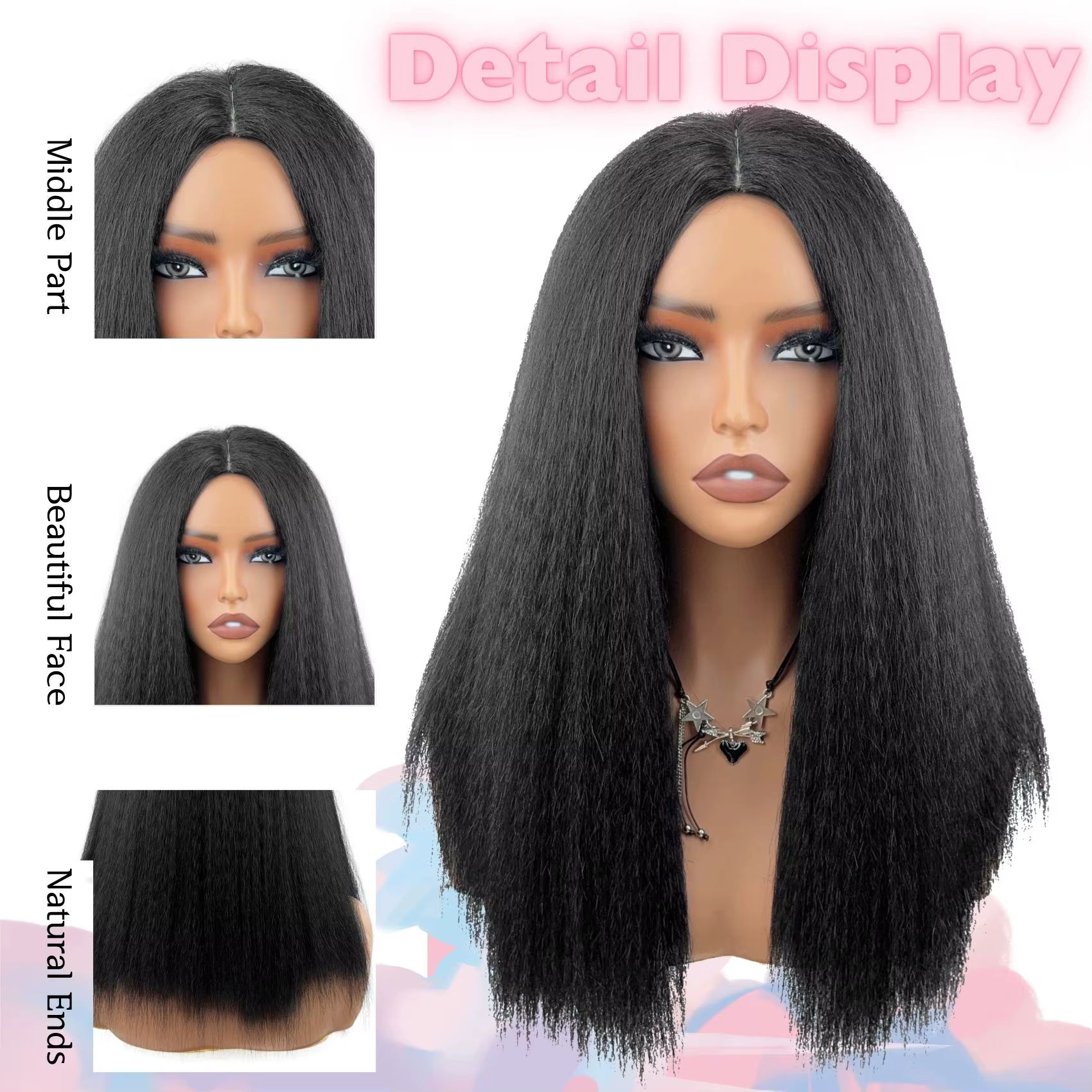 Perruque Yaki noire lisse mi-longue de Style africain pour femmes