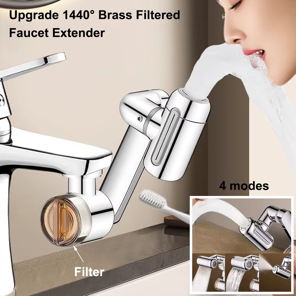 Prolongateur de robinet de cuisine en laiton avec filtre à eau, 4 modes réglables, anti-éclaboussures, 1440 °   Aérateur de robinet pivotant rotatif, rallonge de robinet