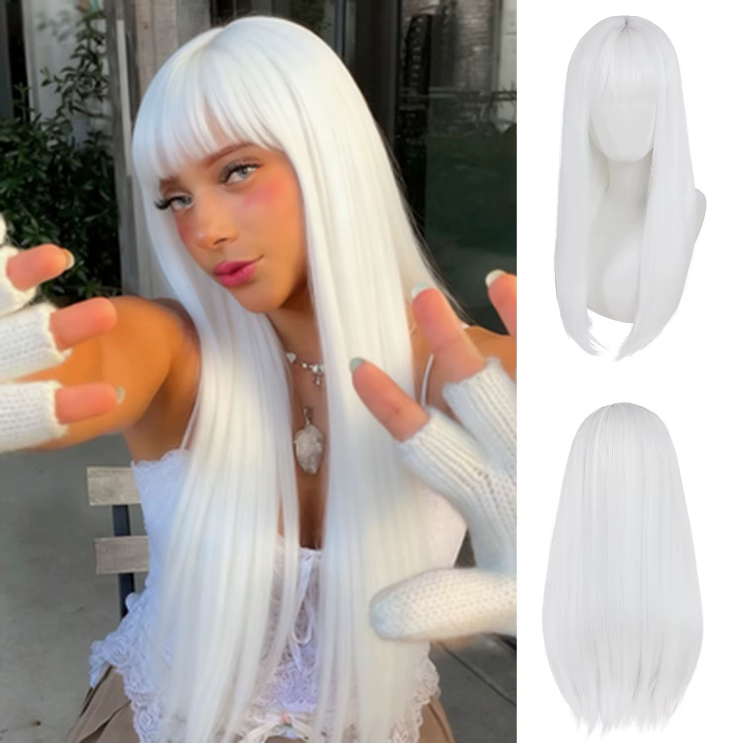 Perruque synthétique longue et lisse blanche pour femmes