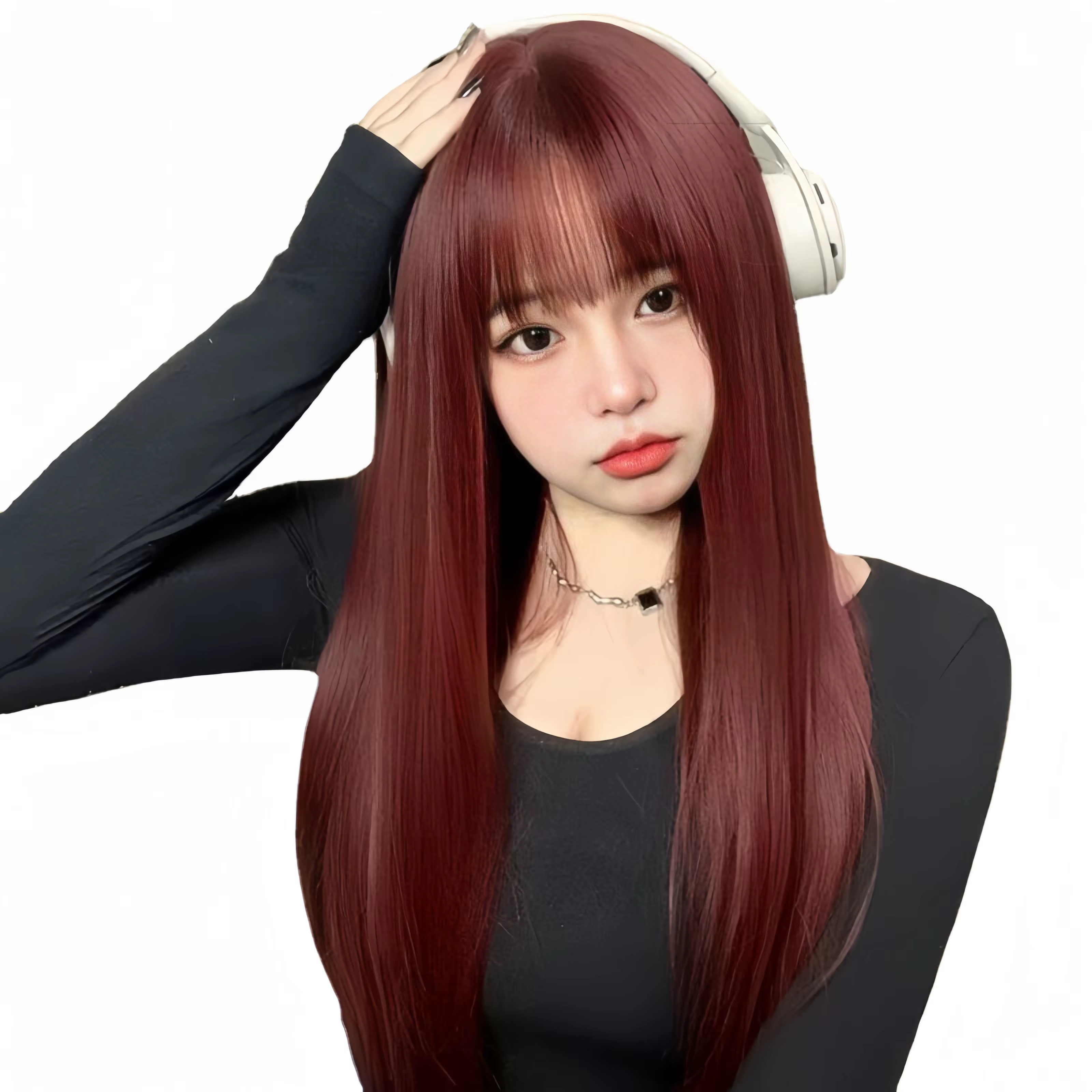 Perruque femme vin rouge cheveux longs raides bande dessinée frange tempérament réparation visage fibre synthétique