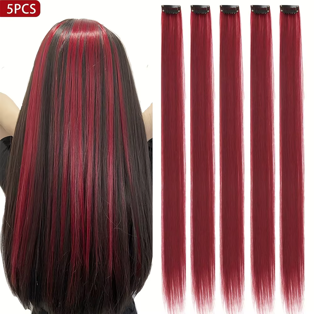 5 pièces/ensemble cheveux longs raides dans les Extensions pince synthétique