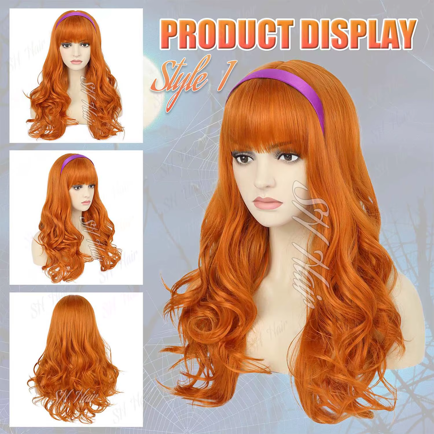 Perruque synthétique longue bouclée Orange + bandeau violet Daphné