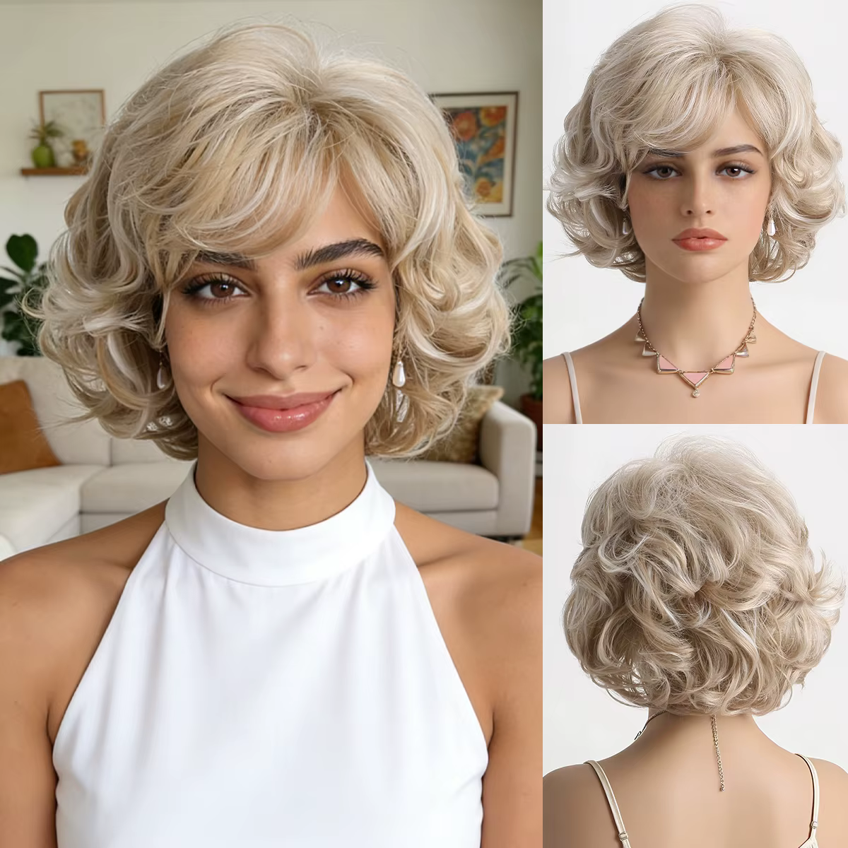 Nouvelle perruque synthétique bouclée dorée claire de 10 pouces