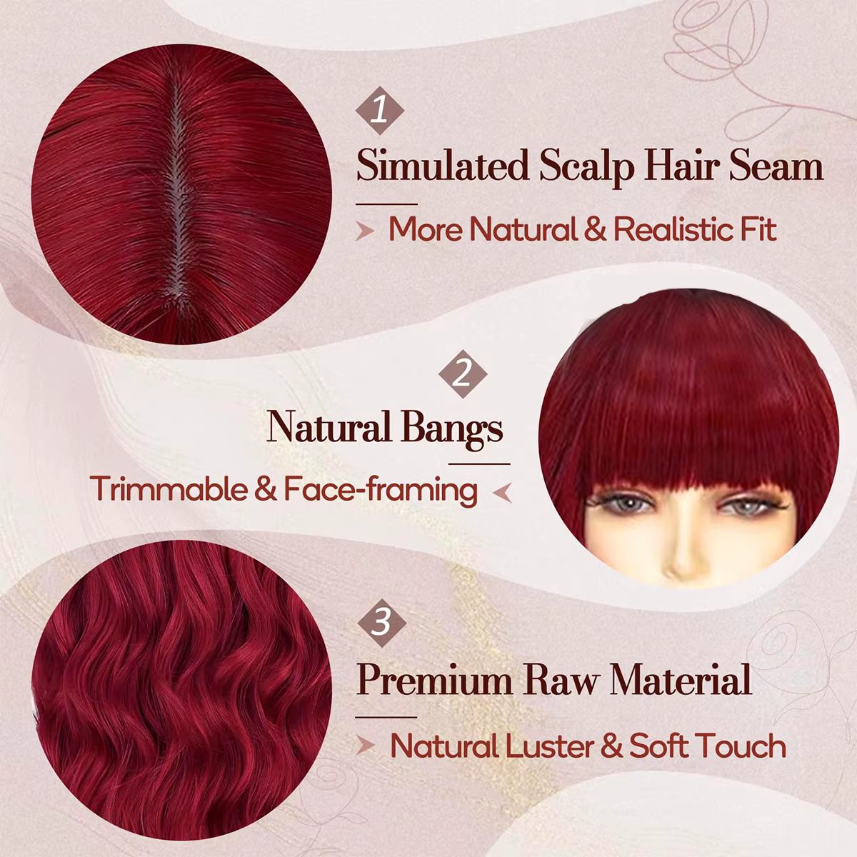 Perruque synthétique longue ondulée rouge ombrée avec frange