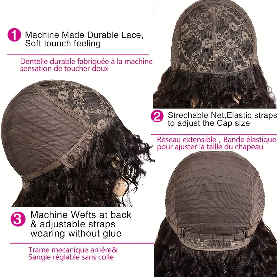 Perruques de cheveux humains bouclés péruviens avec frange courte coupe lutin Bob perruque brun rougeâtre sans colle