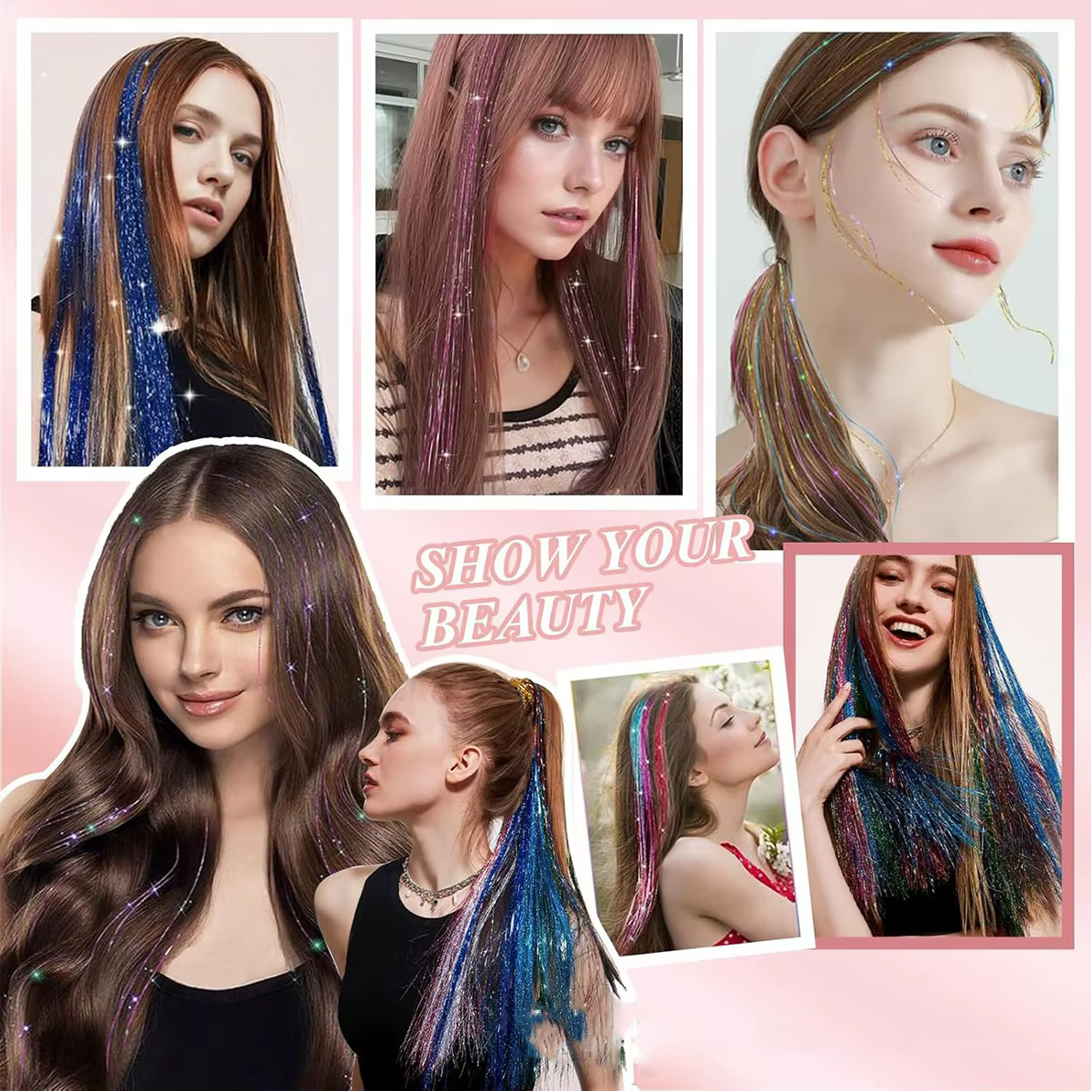 12 pièces cheveux synthétiques Tinsel 20 pouces pince en paillettes
