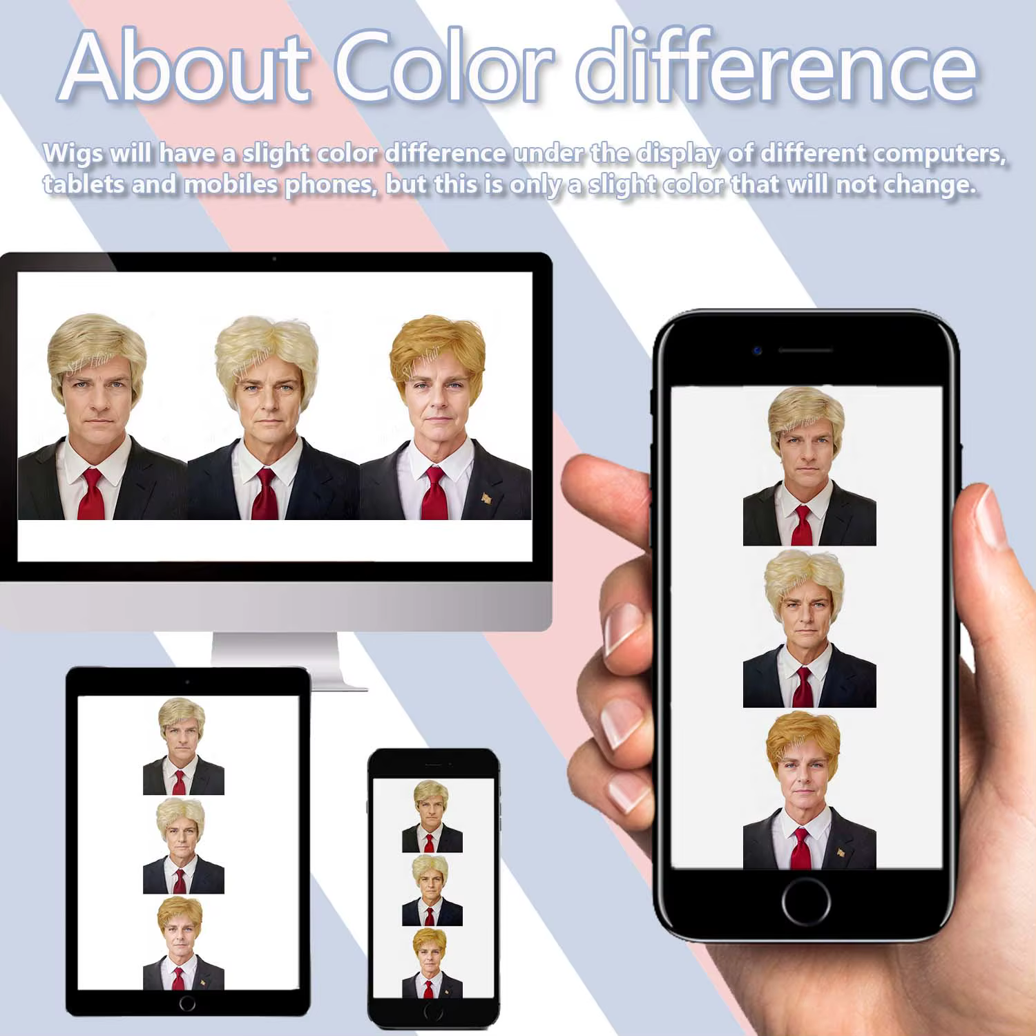 Perruque de Costume synthétique Blonde 3 pièces + épingle à drapeau + cravate rouge pour adultes