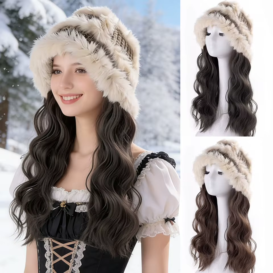Perruque synthétique brune noire avec chapeau