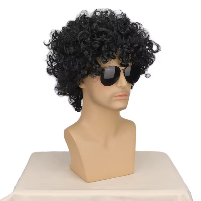 Perruque courte noire bouclée style rocker disco avec lunettes