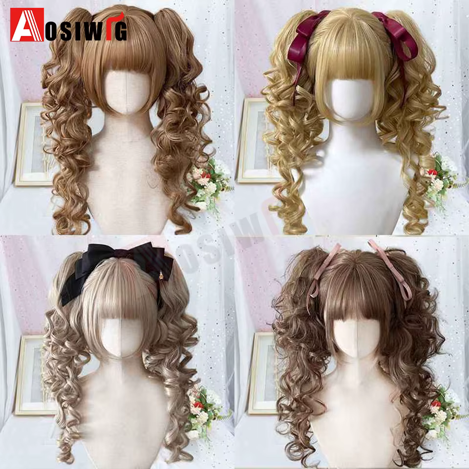 Perruque Lolita synthétique coupe princesse Double queue de cheval avec frange fille Ombre Blonde marron blanc gris