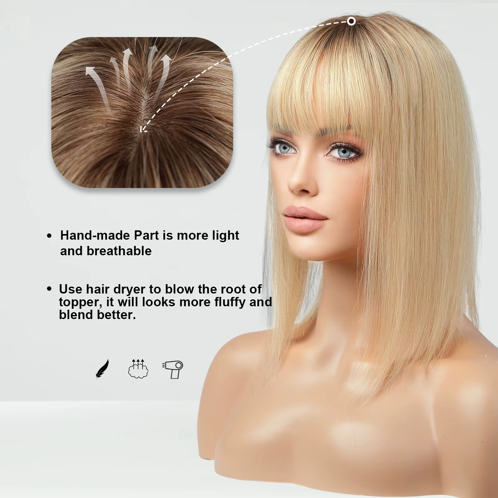 Toppers de cheveux humains avec frange pour femmes