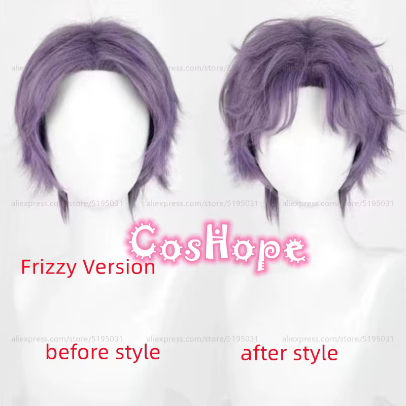 Rafayel Cosplay perruque 30 cm courte violet gris
