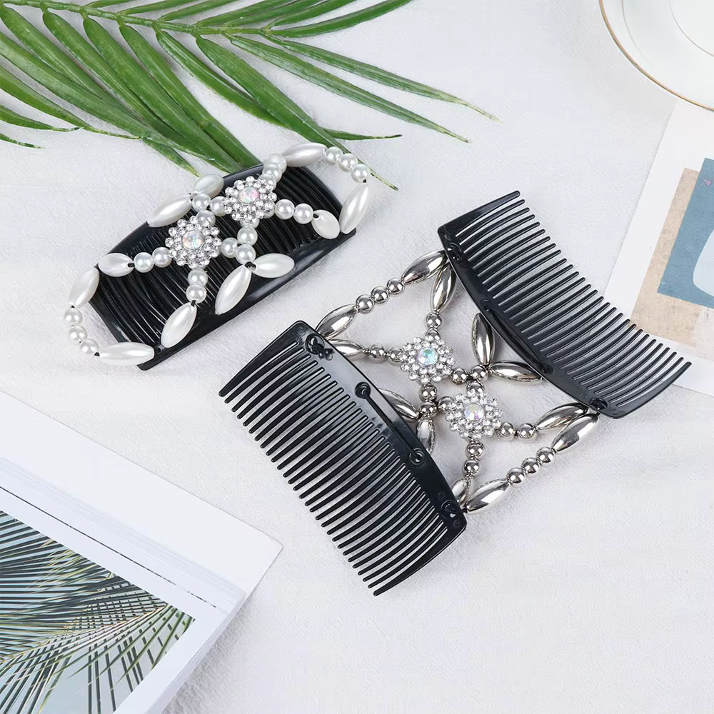 Pince à cheveux double fleur en cristal perlé pour femme