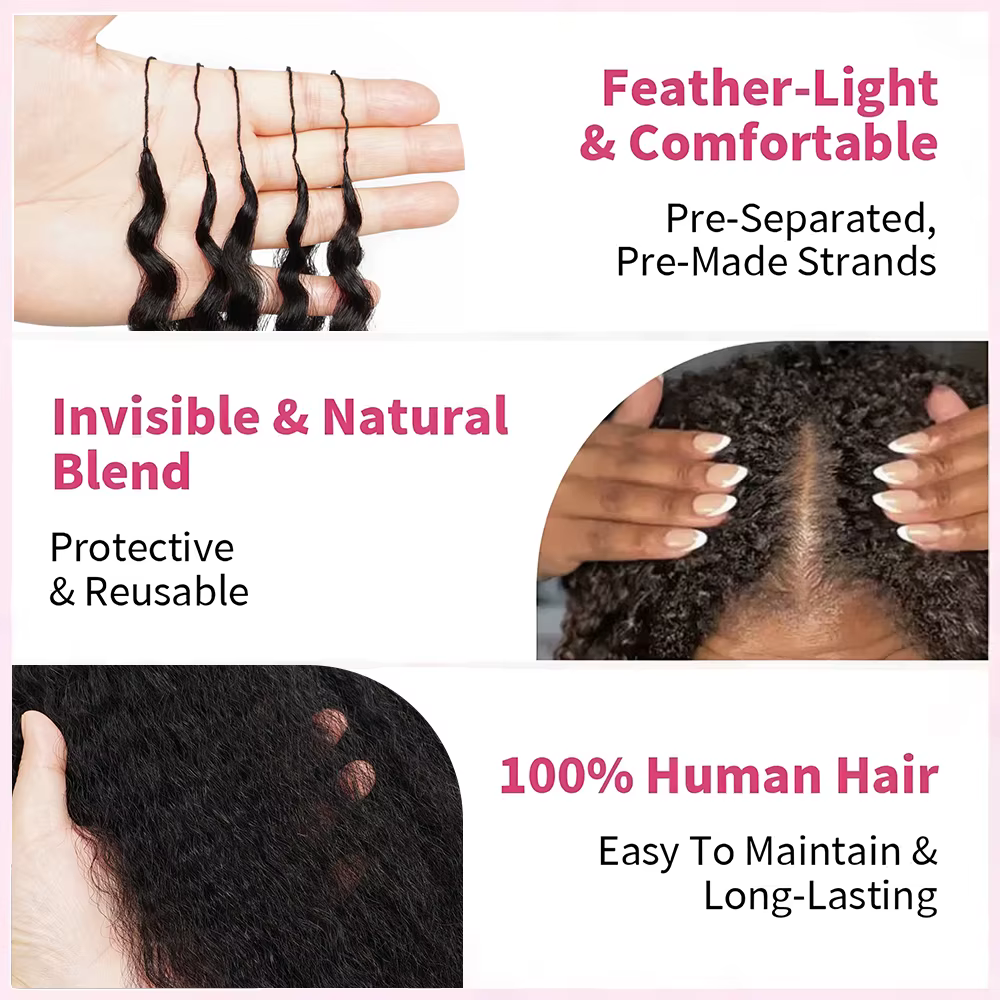 Crépus droit birman bouclés plume Crochet Extension de cheveux humains pré-séparé sans noeud réutilisable pré-bouclé