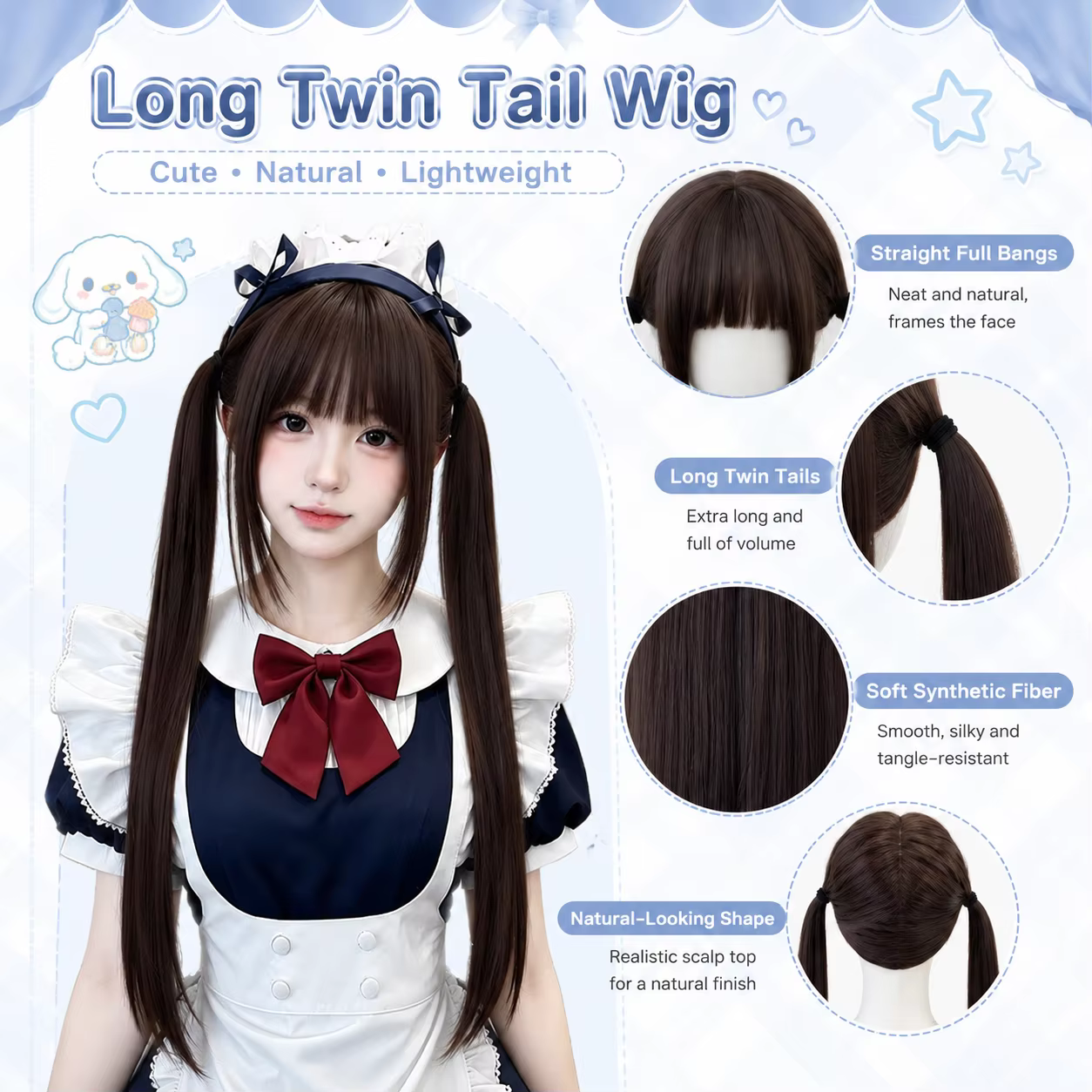 Perruque double queue de cheval longue et droite style High Tie Lolita Shao Luo JK pour filles