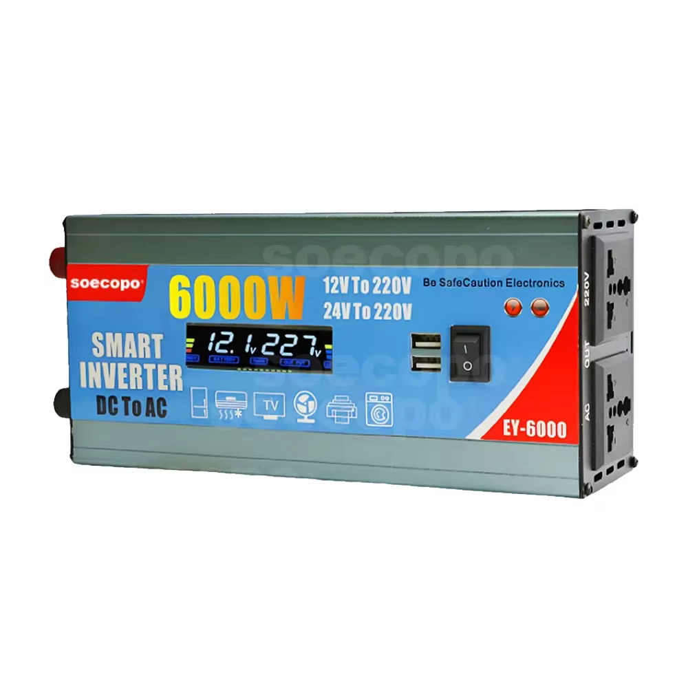 Onduleur de puissance double tension 6000W 12V 24V 48V 60V 72V à 110V 220V, batterie solaire, écran LCD, double USB, pince crocodile, Pr Multiple