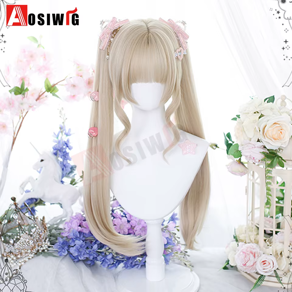 Perruque Lolita synthétique coupe princesse Double queue de cheval avec frange fille Ombre Blonde marron blanc gris