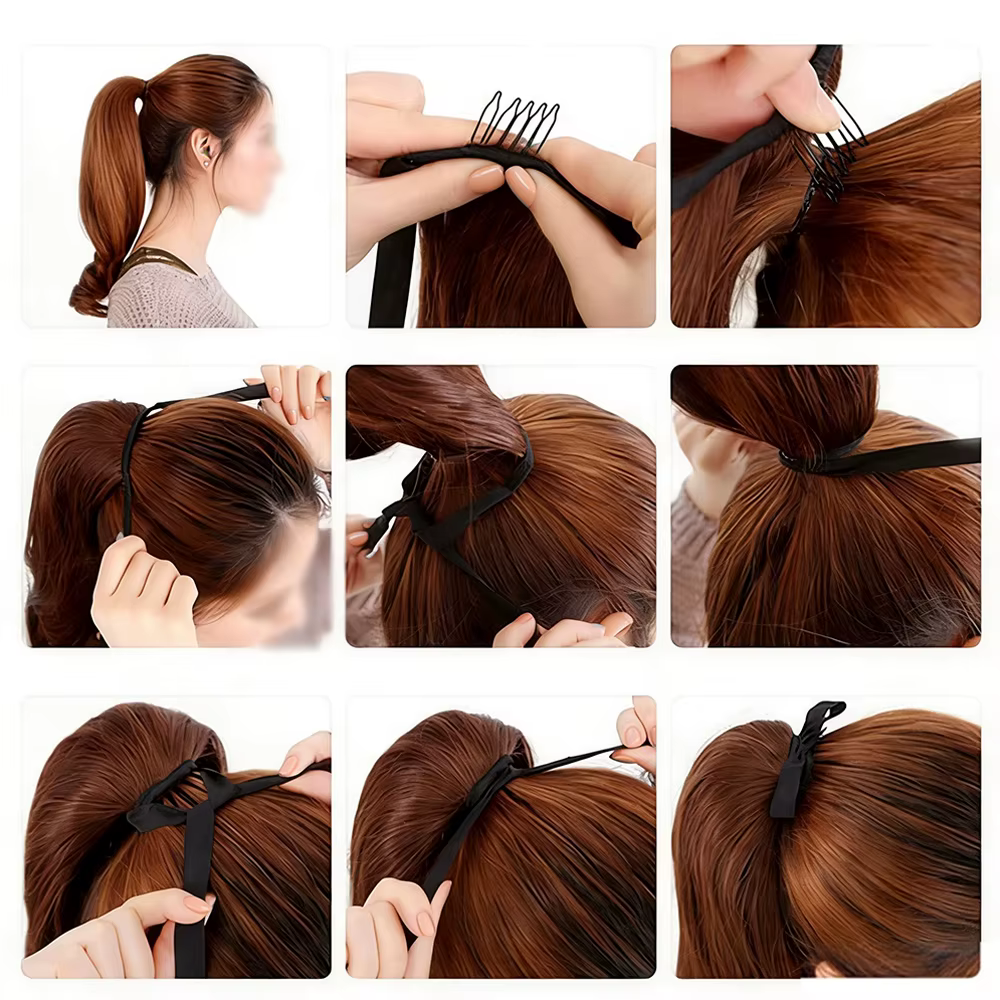 Perruque synthétique pour femme (18-34 pouces) Cheveux longs et raides avec accessoire de coiffure style queue de cheval à enrouler et à clipser